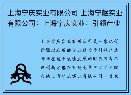 上海宁庆实业有限公司 上海宁艋实业有限公司：上海宁庆实业：引领产业升级，创新驱动发展
